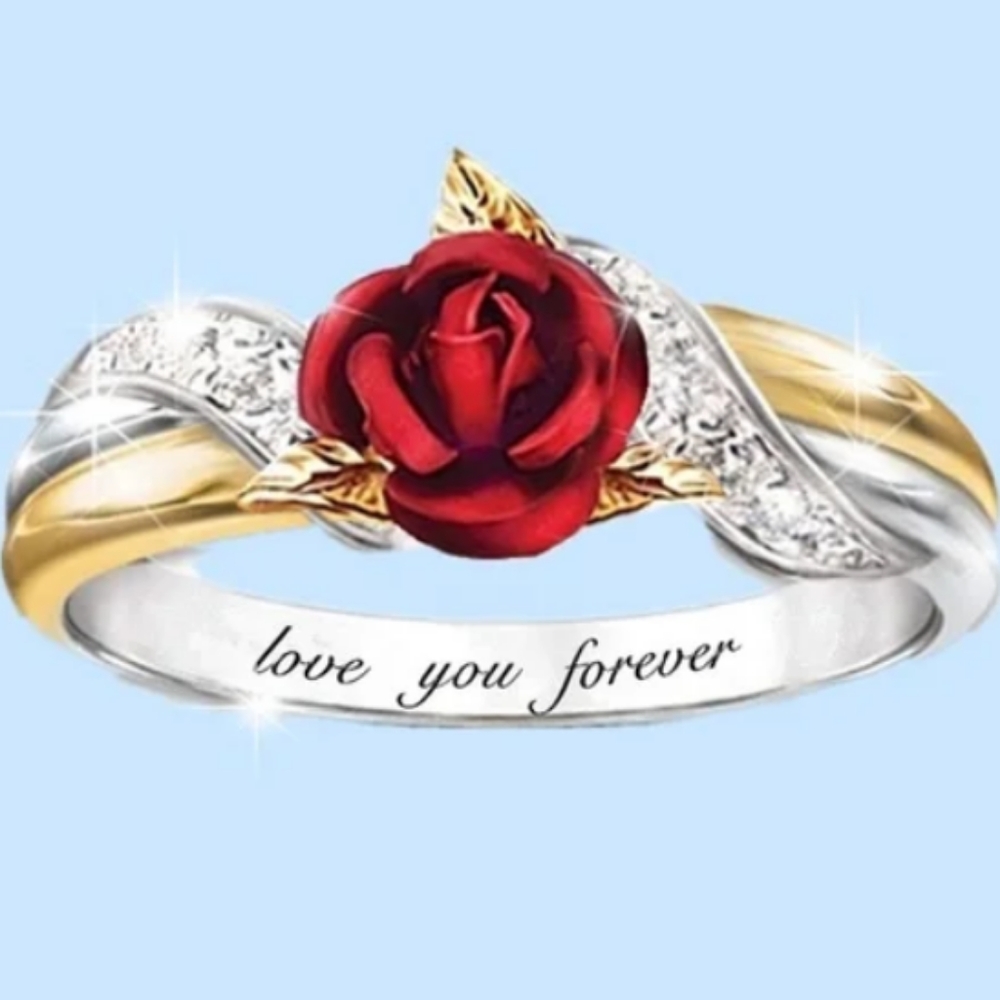 Gold & Sterling Silver Red Rose Love Ring
